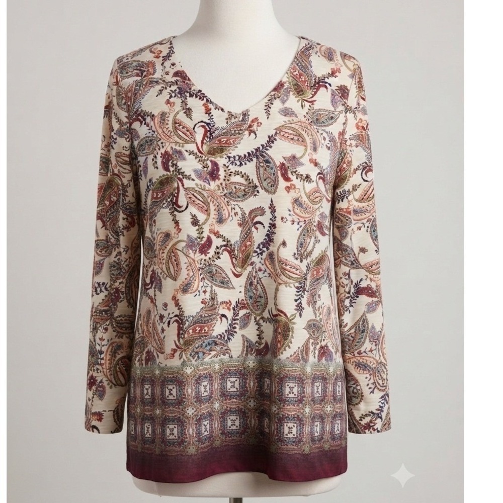 CJ Banks Womens 1X Paisley V-Neck Long Sleeve Slub Knit Top Burgundy Cream